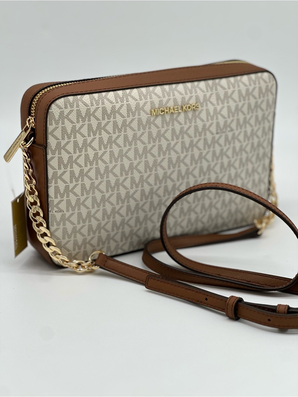 Michael Kors Signature MK Monogram Crossbody in Brown/Canvas with Gold Hardware